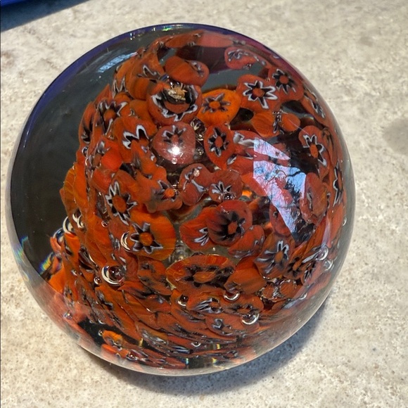 Vintage Millefiori Glass Paperweight Red & White Star Canes Red Floral Design - Picture 4 of 5